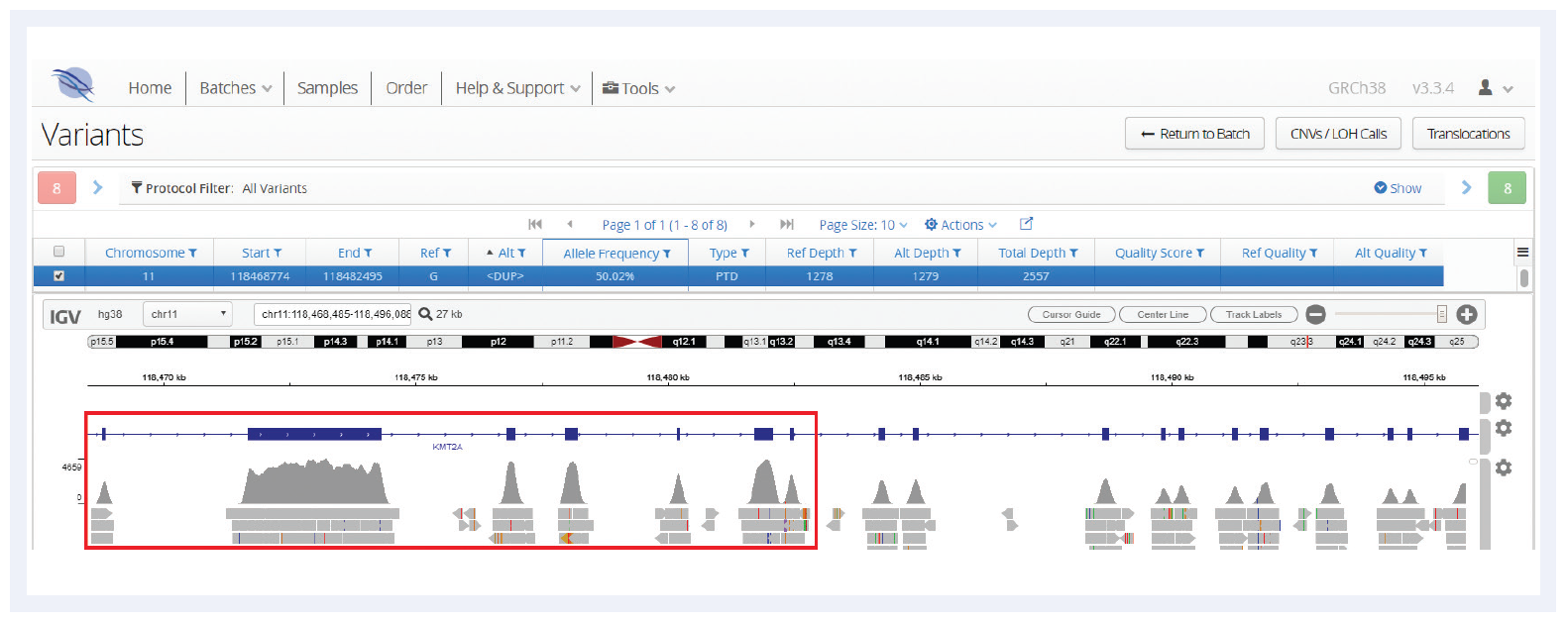 Next generation sequencing (NGS) software data showing a PTD detected spanning exons 2-8 of KMT2A.