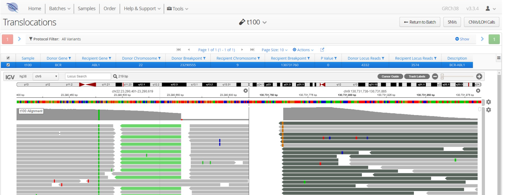 Next generation sequencing (NGS) software data showing a BCR-ABL translocation.
