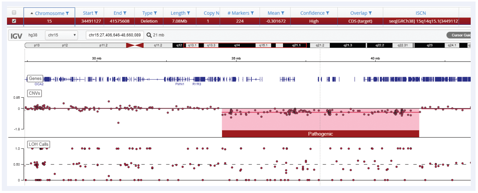 Next generation sequencing (NGS) software data showing detection of a 7 Mb deletion on a >50% mosaic sample.