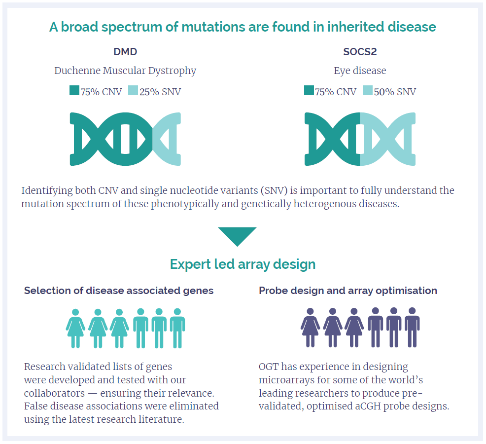 Infographic showing how OGT CytoSure arrays can be used to identify CNVs and SNVs for inherited disease.