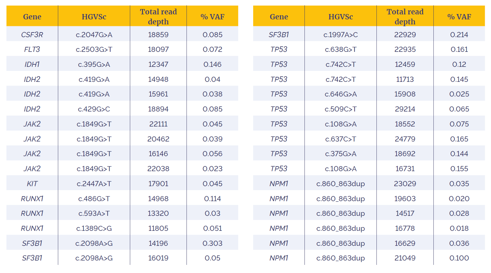 Table showing example SNVs and indels detected from a cohort of 36 orthogonally validated research samples.