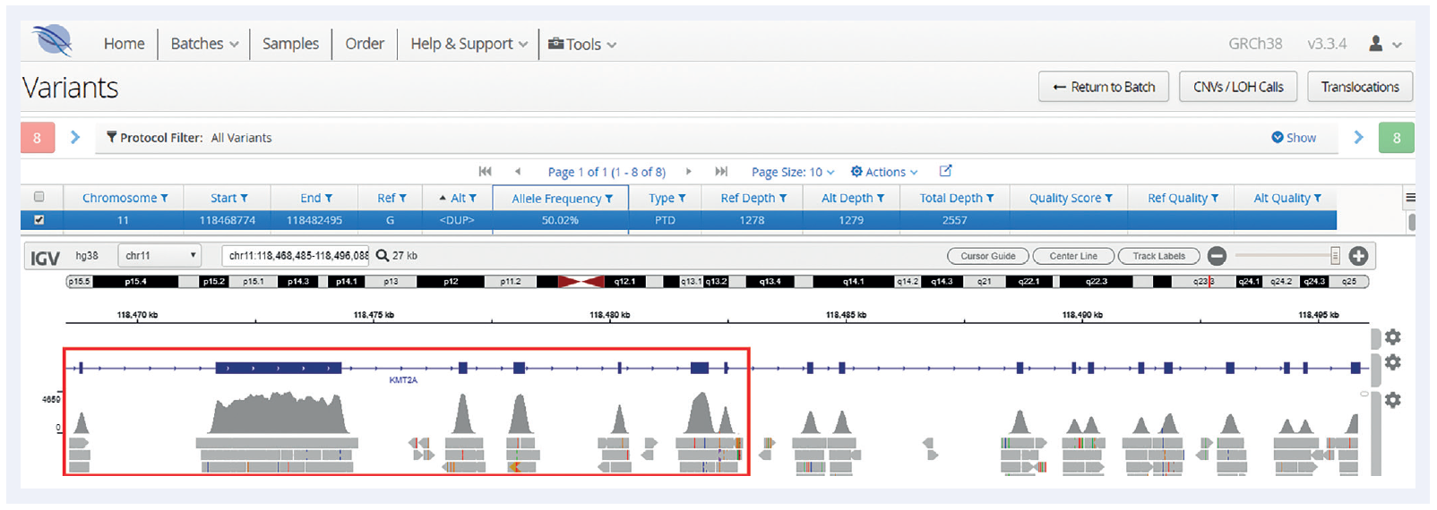 Next generation sequencing (NGS) software data showing a PTD detected spanning exons 2-8 of KMT2A.