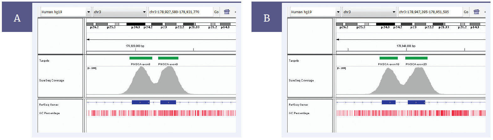 NGS software data showing the excellent uniformity of coverage of PIK3CA exon 9 and exon 20 with SureSeq.