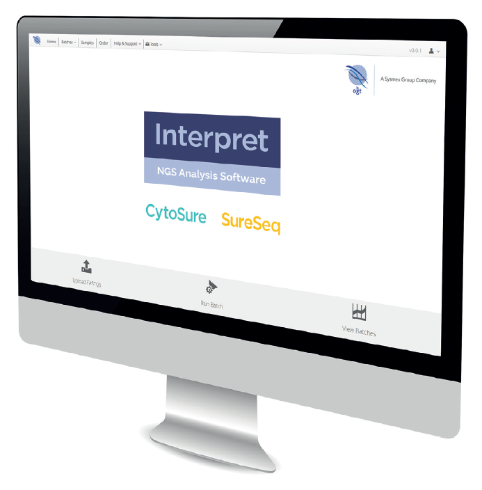 A computer monitor displaying the homescreen of Interpret Next Generation Sequencing (NGS) Analysis Software.