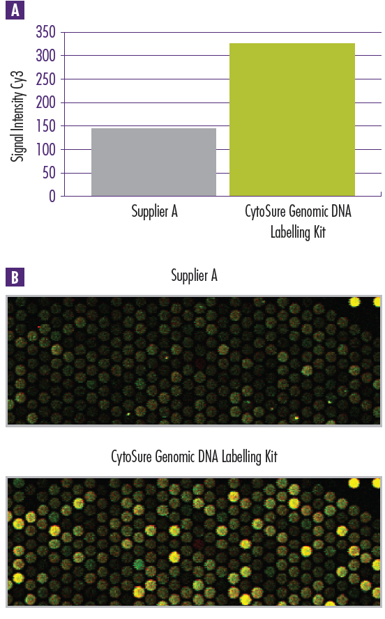 Data showing the superior Cy3 signal intensity of the CytoSure Genomic DNA Labelling Kit versus another commercial kit.