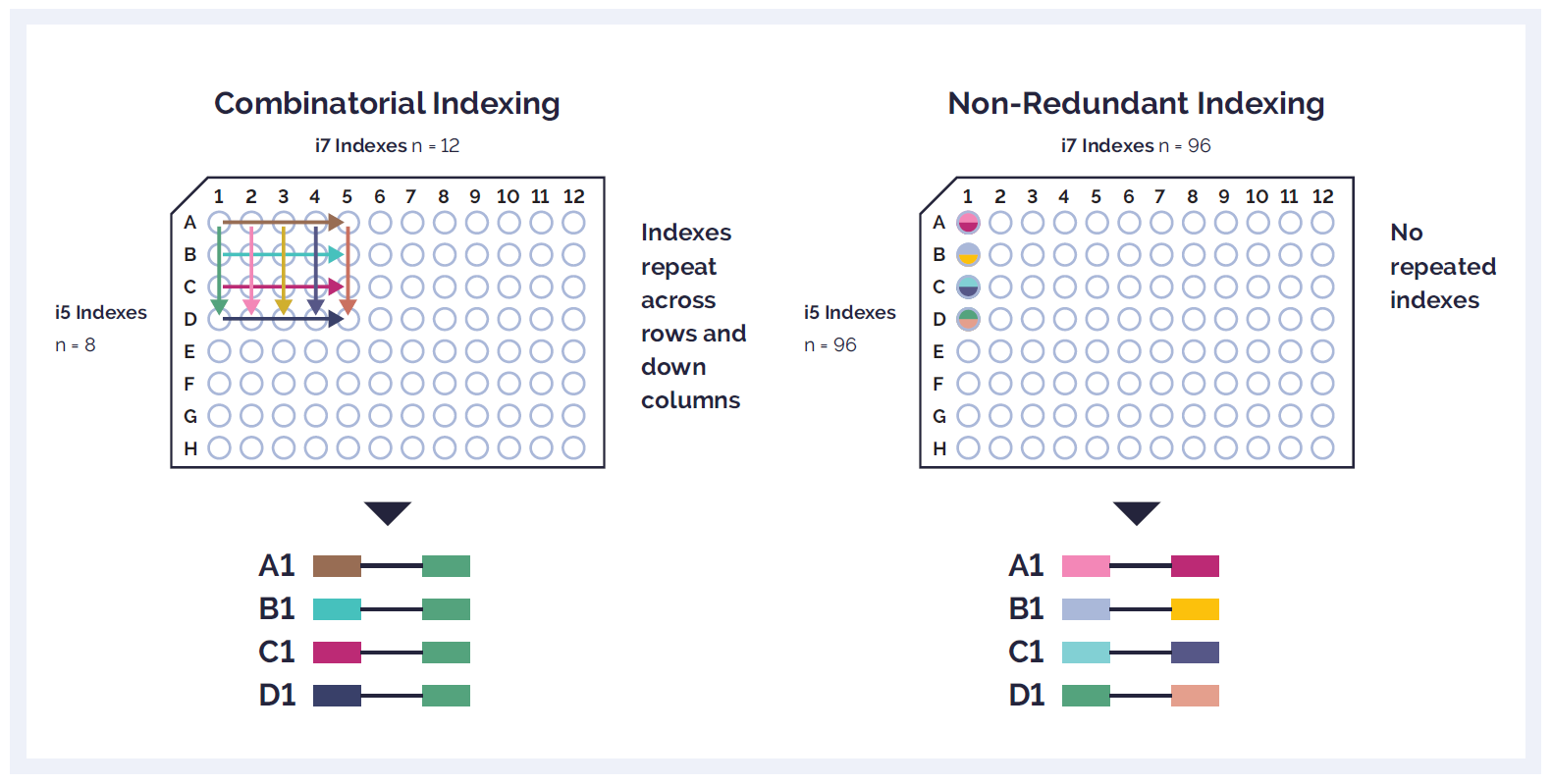 Schematic showing a comparison of combinatorial dual indexing barcoding and unique dual indexing (UDI).