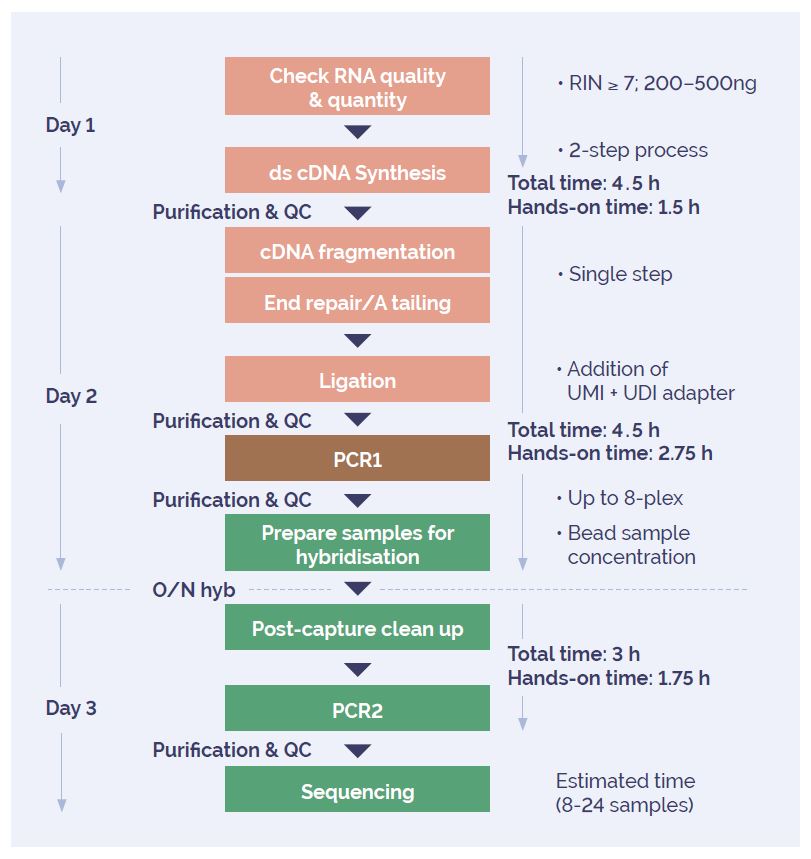 Schematic showing the optimised SureSeq Myeloid Fusion Complete Next Generation Sequencing (NGS) Workflow Solution.