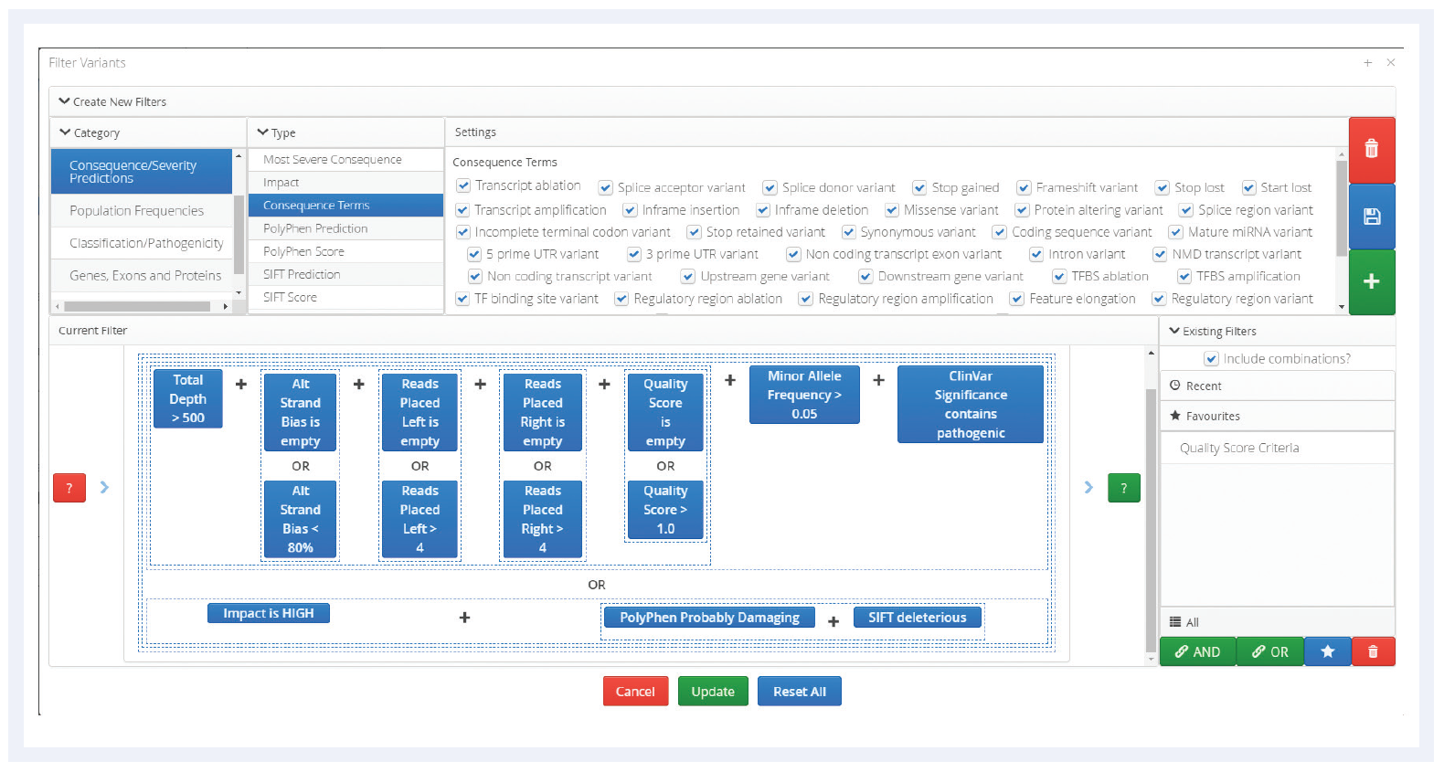 Example of the filtering options available in Interpret Next Generation Sequencing (NGS) Analysis Software.