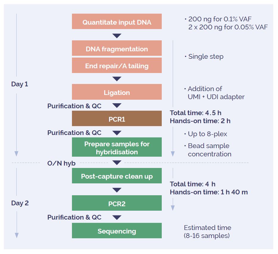 Schematic showing the streamlined SureSeq Myeloid MRD Next Generation Sequencing (NGS) Panel workflow.