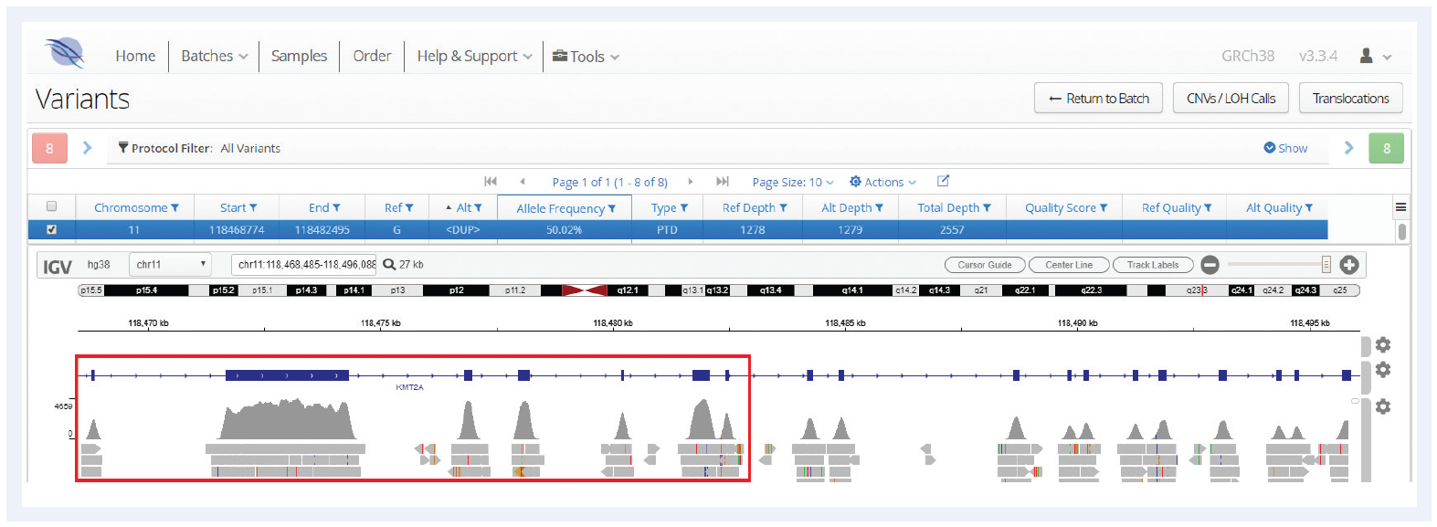 Next generation sequencing (NGS) software data showing a PTD detected spanning exons 2-8 of KMT2A.